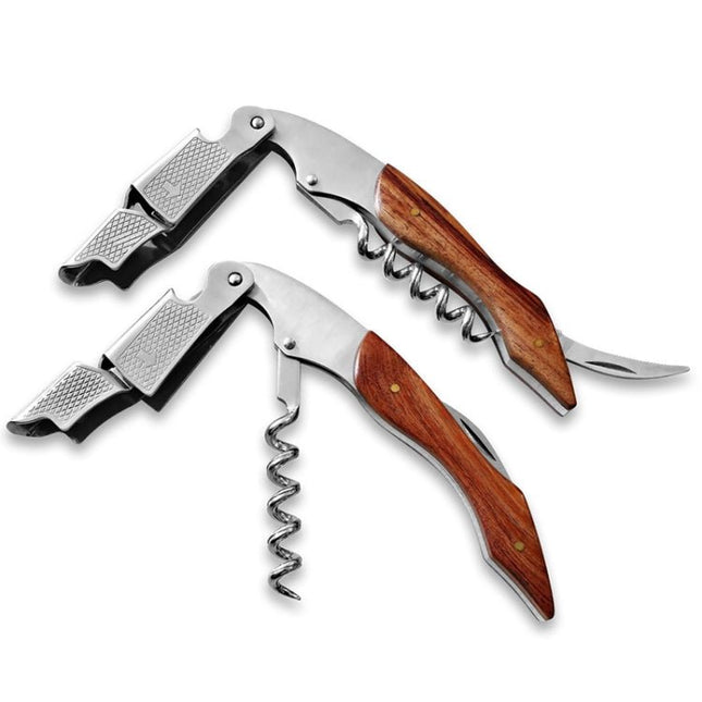2 PCS Wood Handle Professional Multifunction Double Steel Head Portable Screw Corkscrew Wine Bottle Opener - DealBuddy