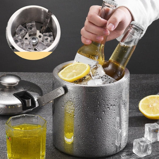 304 Stainless Steel Ice Bucket Double - Layer Hollow Bar Beer Wine Barrel With Ice Clip, Capacity: 1.3L - DealBuddy