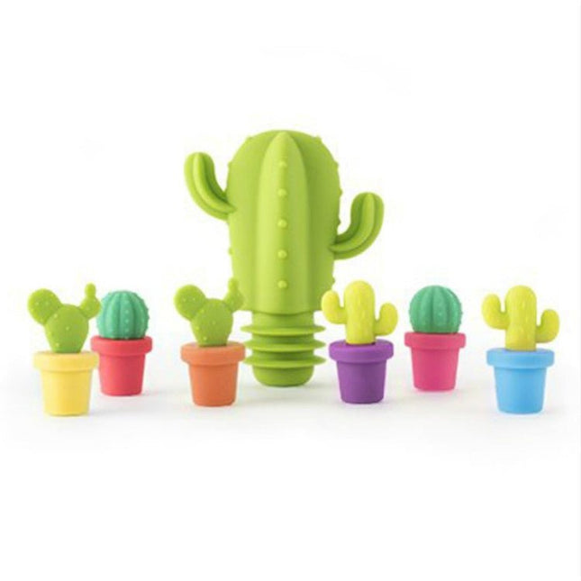 7 PCS Creative Cactus Silicone Wine Bottle Stopper + Wine Glass Marker Set - DealBuddy