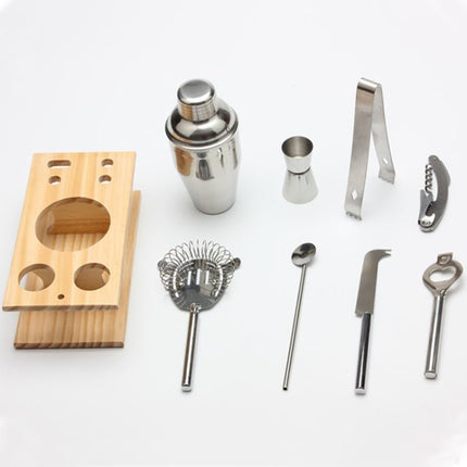 9 in 1 Stainless Steel Cocktail Shaker Tools Set with Wooden Mount, Capacity: 350ml - DealBuddy