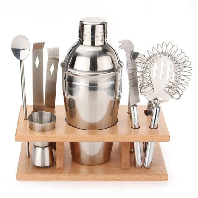 9 in 1 Stainless Steel Cocktail Shaker Tools Set with Wooden Mount, Capacity: 750ml - DealBuddy