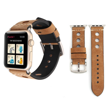 For Apple Watch Series 7 45mm / 6 & SE & 5 & 4 44mm / 42mm 3 & 2 & 1 Retro Hole Genuine Leather Wrist Watch Band - DealBuddy