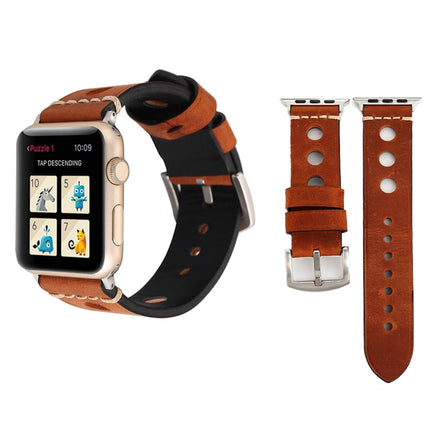 For Apple Watch Series 7 45mm / 6 & SE & 5 & 4 44mm / 42mm 3 & 2 & 1 Retro Hole Genuine Leather Wrist Watch Band - DealBuddy