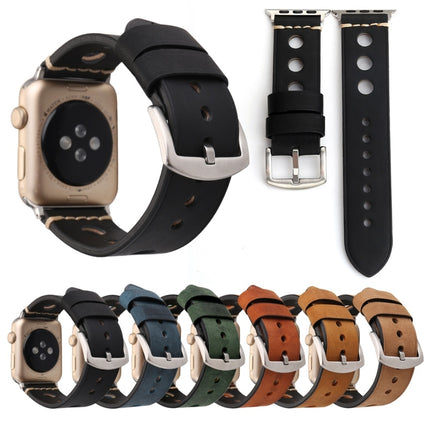 For Apple Watch Series 7 45mm / 6 & SE & 5 & 4 44mm / 42mm 3 & 2 & 1 Retro Hole Genuine Leather Wrist Watch Band - DealBuddy