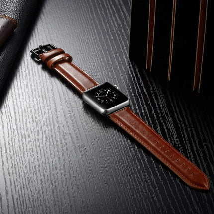 Black Buckle Leather Watch Band For Apple Watch Series 10 42mm / 9&8&7 41mm / SE 3&SE 2&6&SE&5&4 40mm / 3&2&1 38mm, For Apple Watch Series 8&7 41mm / SE 2&6&SE&5&4 40mm / 3&2&1 38mm