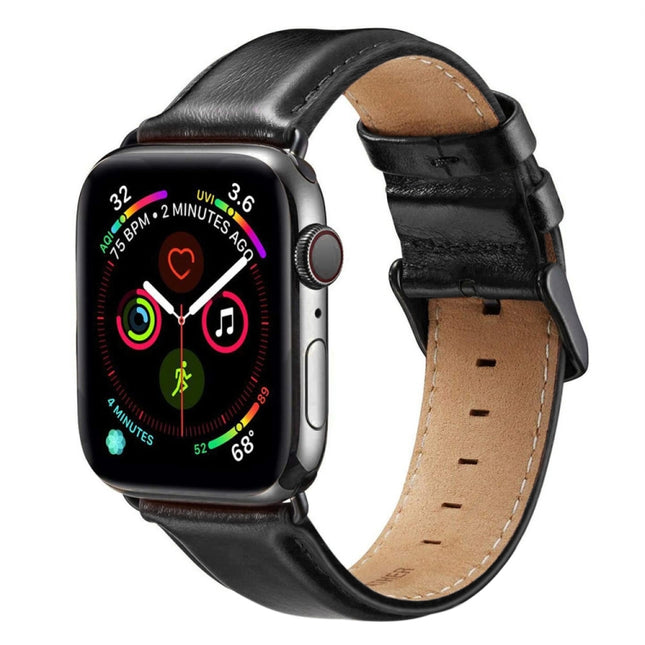 Black Buckle Leather Watch Band For Apple Watch Ultra 49mm&Watch Ultra 2 49mm / Series 10 46mm / 9&8&7 45mm / SE 3&SE 2&6&SE&5&4 44mm / 3&2&1 42mm - DealBuddy
