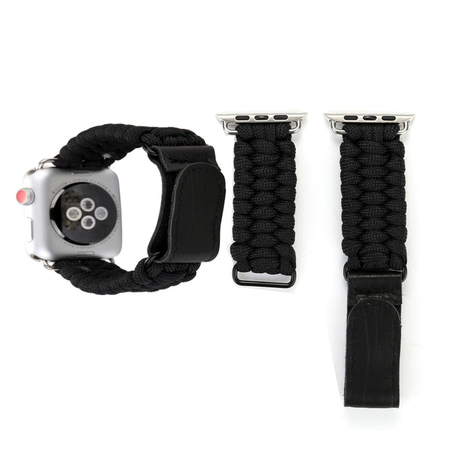 Magic Paste Genuine Leather Umbrella Rope Nylon Wrist Watch Band with and Stainless Steel Buckle for Apple Watch Series 10 42mm / 9&8&7 41mm / SE 3&SE 2&6&SE&5&4 40mm / 3&2&1 38mm