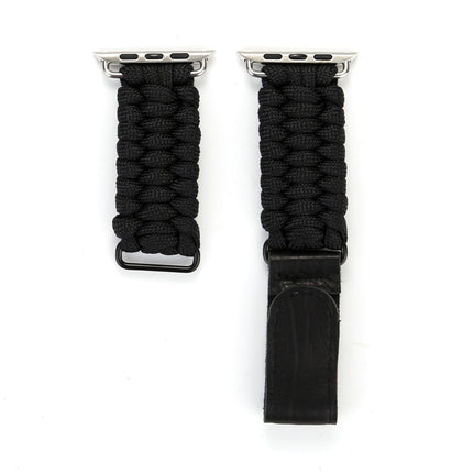 Magic Paste Genuine Leather Umbrella Rope Nylon Wrist Watch Band with and Stainless Steel Buckle for Apple Watch Series 10 42mm / 9&8&7 41mm / SE 3&SE 2&6&SE&5&4 40mm / 3&2&1 38mm