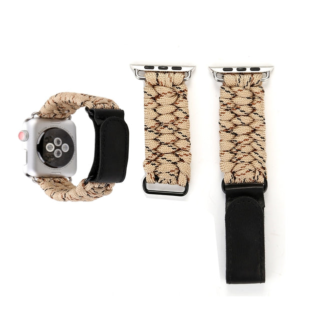 Magic Paste Genuine Leather Umbrella Rope Nylon Wrist Watch Band with Stainless Steel Buckle for Apple Watch Ultra 49mm&Watch Ultra 2 49mm / Series 10 46mm / 9&8&7 45mm / SE 3&SE 2&6&SE&5&4 44mm / 3&2&1 42mm