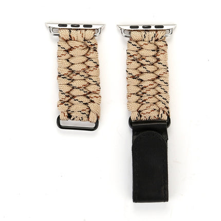 Magic Paste Genuine Leather Umbrella Rope Nylon Wrist Watch Band with Stainless Steel Buckle for Apple Watch Ultra 49mm&Watch Ultra 2 49mm / Series 10 46mm / 9&8&7 45mm / SE 3&SE 2&6&SE&5&4 44mm / 3&2&1 42mm