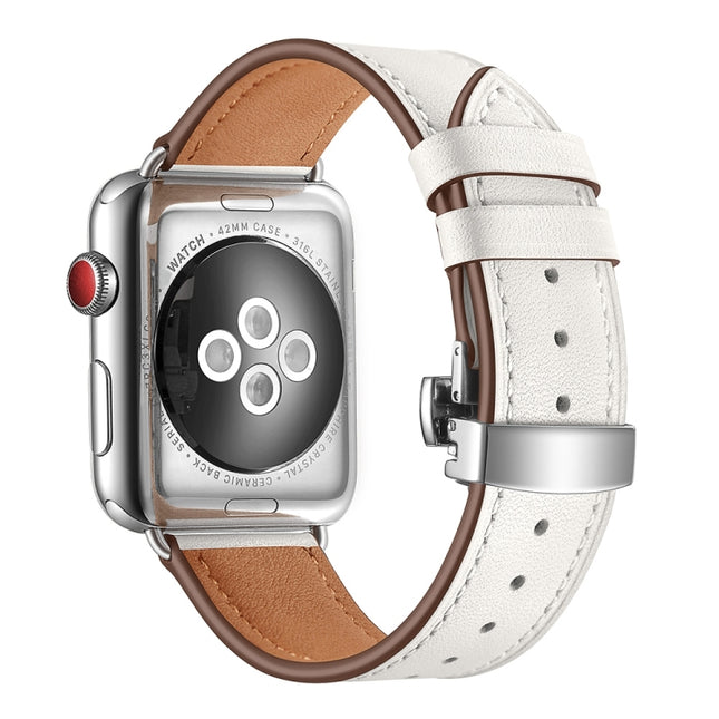 Genuine Leather + Butterfly Silver Buckle Replacement Watchbands For Apple Watch Series 6 & SE & 5 & 4 44mm / 3 & 2 & 1 42mm - DealBuddy