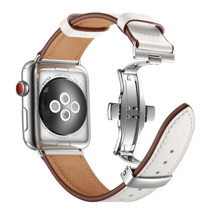 Genuine Leather + Butterfly Silver Buckle Replacement Watchbands For Apple Watch Series 6 & SE & 5 & 4 44mm / 3 & 2 & 1 42mm - DealBuddy