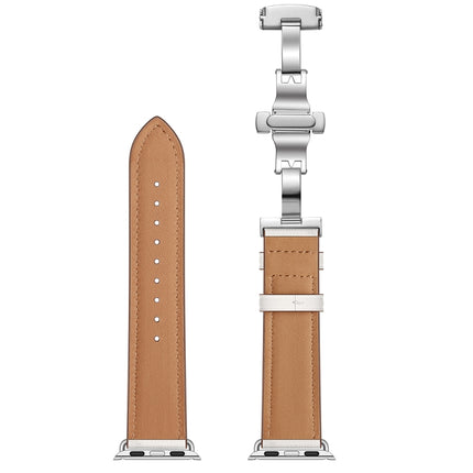Genuine Leather + Butterfly Silver Buckle Replacement Watchbands For Apple Watch Series 6 & SE & 5 & 4 44mm / 3 & 2 & 1 42mm, Silver Buckle For Apple Watch Series 7 45mm / 6 & SE & 5 & 4 44mm / 3 & 2 & 1 42mm - DealBuddy