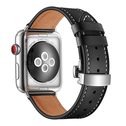 Genuine Leather + Butterfly Silver Buckle Replacement Watchbands For Apple Watch Series 6 & SE & 5 & 4 44mm / 3 & 2 & 1 42mm, Silver Buckle For Apple Watch Series 7 45mm / 6 & SE & 5 & 4 44mm / 3 & 2 & 1 42mm - DealBuddy