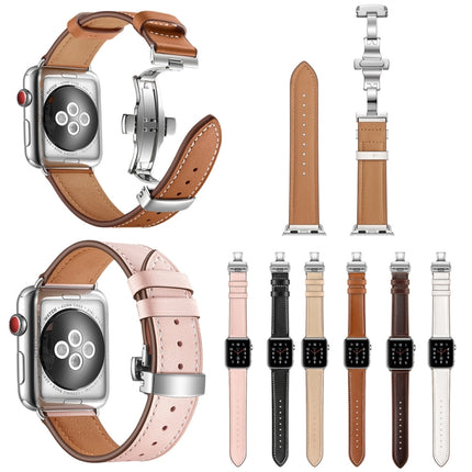 Genuine Leather + Butterfly Silver Buckle Replacement Watchbands For Apple Watch Series 6 & SE & 5 & 4 44mm / 3 & 2 & 1 42mm - DealBuddy