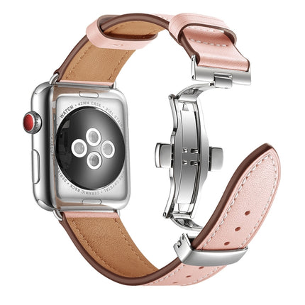 Genuine Leather + Butterfly Silver Buckle Replacement Watchbands For Apple Watch Series 6 & SE & 5 & 4 40mm / 3 & 2 & 1 38mm, Silver Buckle For Apple Watch Series 7 41mm / 6 & SE & 5 & 4 40mm / 3 & 2 & 1 38mm - DealBuddy