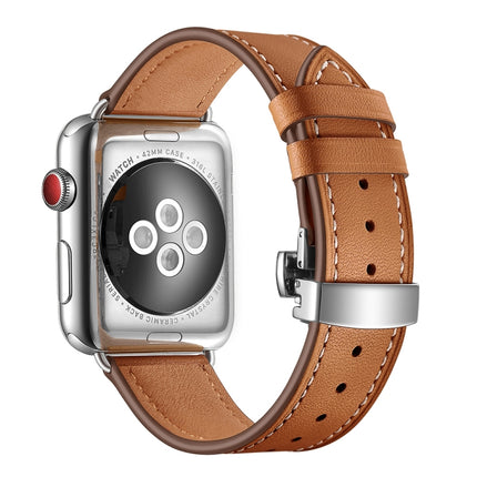 Genuine Leather + Butterfly Silver Buckle Replacement Watchbands For Apple Watch Series 6 & SE & 5 & 4 40mm / 3 & 2 & 1 38mm, Silver Buckle For Apple Watch Series 7 41mm / 6 & SE & 5 & 4 40mm / 3 & 2 & 1 38mm - DealBuddy