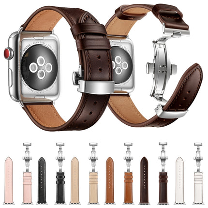 Genuine Leather + Butterfly Silver Buckle Replacement Watchbands For Apple Watch Series 6 & SE & 5 & 4 40mm / 3 & 2 & 1 38mm, Silver Buckle For Apple Watch Series 7 41mm / 6 & SE & 5 & 4 40mm / 3 & 2 & 1 38mm - DealBuddy