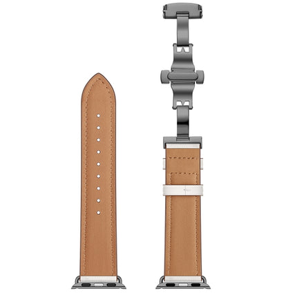 Genuine Leather + Butterfly Black Buckle Replacement Watchbands For Apple Watch Series 6 & SE & 5 & 4 44mm / 3 & 2 & 1 42mm - DealBuddy