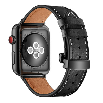 Genuine Leather + Butterfly Black Buckle Replacement Watchbands For Apple Watch Series 6 & SE & 5 & 4 44mm / 3 & 2 & 1 42mm - DealBuddy