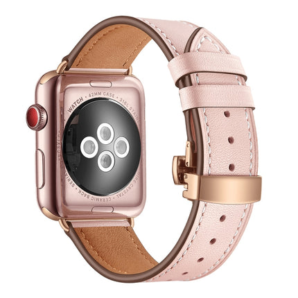 Genuine Leather + Butterfly Rose Gold Buckle Replacement Watchbands For Apple Watch Series 6 & SE & 5 & 4 40mm / 3 & 2 & 1 38mm - DealBuddy