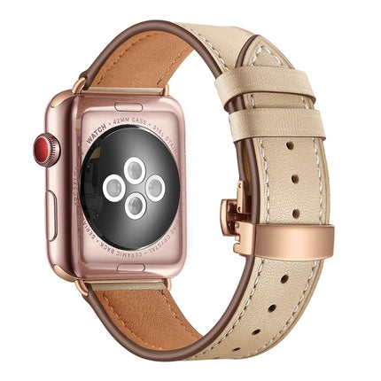 Genuine Leather + Butterfly Rose Gold Buckle Replacement Watchbands For Apple Watch Series 6 & SE & 5 & 4 40mm / 3 & 2 & 1 38mm - DealBuddy