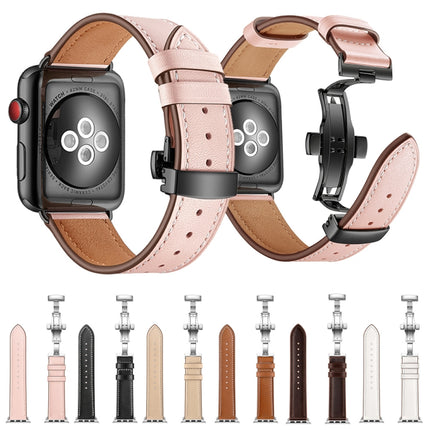 Genuine Leather + Butterfly Rose Gold Buckle Replacement Watchbands For Apple Watch Series 6 & SE & 5 & 4 40mm / 3 & 2 & 1 38mm - DealBuddy