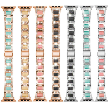 Three-beads Diamond + Gemstone Replacement Strap Watchband For Apple Watch Series, 7 41mm / 6 & SE & 5 & 4 40mm / 3 & 2 & 1 38mm, 7 45mm / 6 & SE & 5 & 4 44mm / 3 & 2 & 1 42mm - DealBuddy