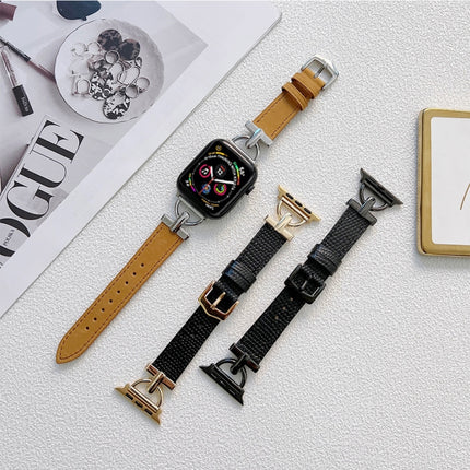 D-shaped Steel + Genuine Leather Strap For Apple Watch Series, 7 41mm / 6&SE&5&4 40mm / 3&2&1 38mm, 7 45mm / 6&SE&5&4 44mm / 3&2&1 42mm - DealBuddy