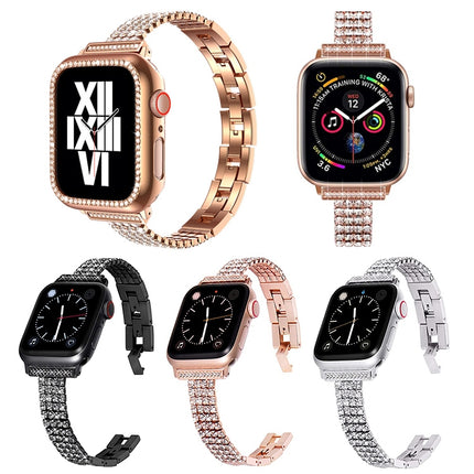 Four-row Diamond-set Metal Watchband For Apple Watch Series, 7 41mm / 6&SE&5&4 40mm / 3&2&1 38mm, 7 45mm / 6&SE&5&4 44mm / 3&2&1 42mm - DealBuddy