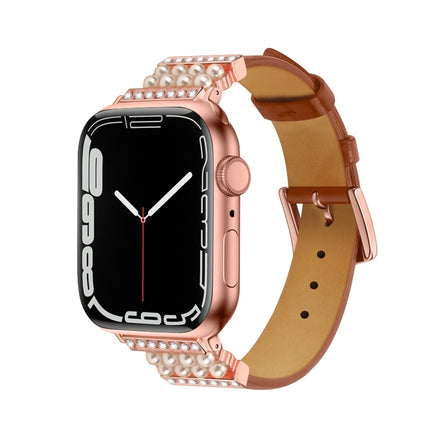 Pearl Diamond Leather Watch Band For Apple Watch Series, 7 41mm / 6&SE&5&4 40mm / 3&2&1 38mm, 7 45mm / 6&SE&5&4 44mm / 3&2&1 42mm - DealBuddy