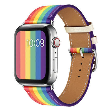 Rainbow Leather Watchband, For Apple Watch Series 7 41mm / 6 & SE & 5 & 4 40mm / 3 & 2 & 1 38mm, For Apple Watch Series 7 45mm / 6 & SE & 5 & 4 44mm / 3 & 2 & 1 42mm - DealBuddy