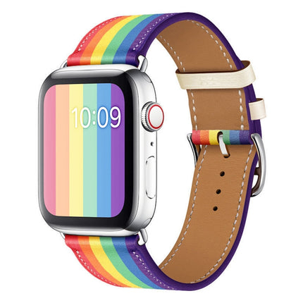 Rainbow Leather Watchband, For Apple Watch Series 7 41mm / 6 & SE & 5 & 4 40mm / 3 & 2 & 1 38mm, For Apple Watch Series 7 45mm / 6 & SE & 5 & 4 44mm / 3 & 2 & 1 42mm - DealBuddy