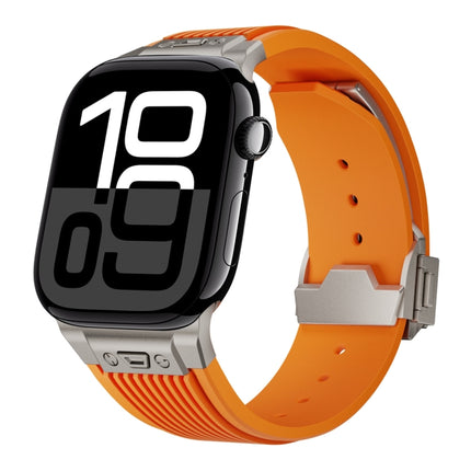 Vertical Texture Titanium Buckle Elastic Silicone Watch Band, For Apple Watch Series 10 46mm, For Apple Watch Series 10 42mm, For Apple Watch SE 2023 44mm, For Apple Watch Ultra 2 49mm, For Apple Watch Series 9 45mm, For Apple Watch Ultra 49mm         ...