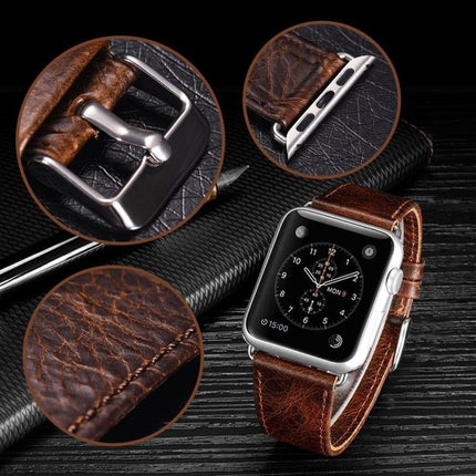 Round Tail Retro Crazy Horse Texture Genuine Leather Replacement Strap Watchband, For Apple Watch 5 & 4 44mm / 3 & 2 & 1 42mm, For Apple Watch Series 7 41mm / 6 & SE & 5 & 4 40mm / 3 & 2 & 1 38mm - DealBuddy