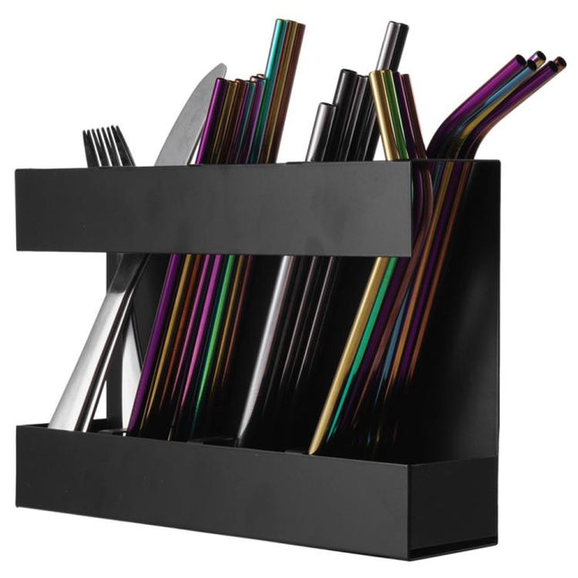Four-grid Straw Cutlery Metal Storage Rack Kitchen Organizer with 12pcs Soft Magnetic Sheet