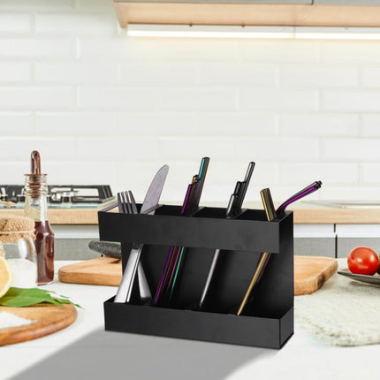 Four-grid Straw Cutlery Metal Storage Rack Kitchen Organizer with 12pcs Soft Magnetic Sheet