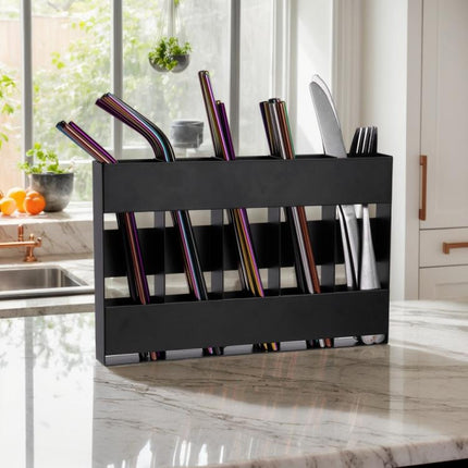 Five-grid Straw Cutlery Metal Storage Rack Kitchen Organizer