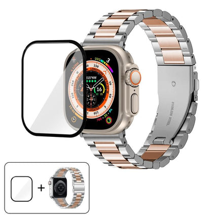 Three Beads Stainless Steel Watch Band with 3D Curved Film, For Apple Watch Ultra 2 / 1 49mm, For Apple Watch Series 45mm, For Apple Watch Series 41mm, For Apple Watch Series 38mm - DealBuddy
