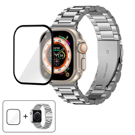 Three Beads Stainless Steel Watch Band with 3D Curved Film, For Apple Watch Ultra 2 / 1 49mm, For Apple Watch Series 45mm, For Apple Watch Series 41mm, For Apple Watch Series 38mm - DealBuddy