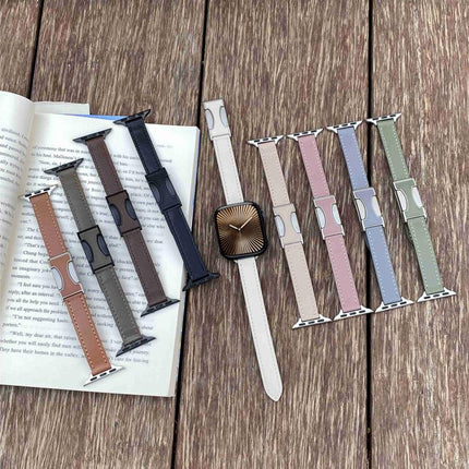 Magnetic Buckle 14mm Plain Genuine Leather Watch Band, For Apple Watch 46mm / 49mm / 45mm / 44mm, For Apple Watch 42mm / 41mm / 40mm / 38mm - DealBuddy