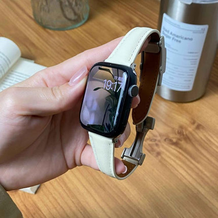 Magnetic Buckle Small Waist Plain Genuine Leather Watch Band, For Apple Watch 46mm / 49mm / 45mm / 44mm, For Apple Watch 42mm / 41mm / 40mm / 38mm - DealBuddy