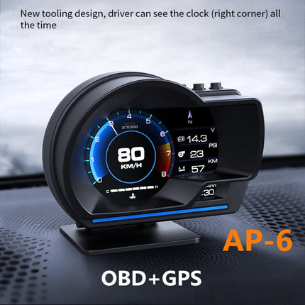 P6 OBD2 + GPS Smart HUD – Digital Head-Up Display for Speed, RPM, Temp & Alarms