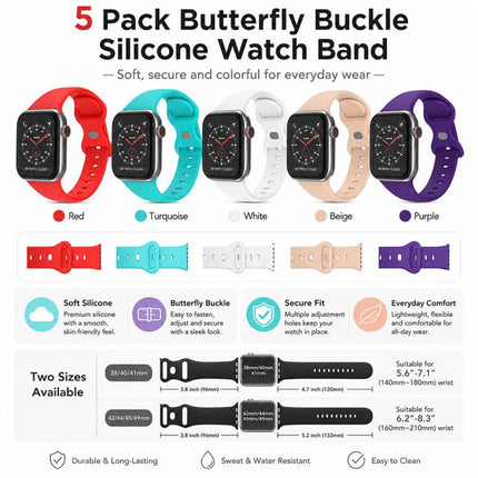 5 Pack xDfind Butterfly Buckle Silicone Watch Band, For Apple Watch 42 / 44 / 45 / 46 / 49mm, For Apple Watch 38 / 40 / 41 / S11 42mm - DealBuddy