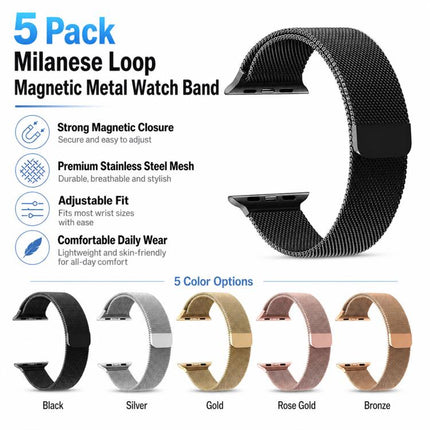 5 Pack xDfind Milanese Loop Magnetic Metal Watch Band, For Apple Watch 42 / 44 / 45 / 46 / 49mm, For Apple Watch 38 / 40 / 41 / S11 42mm - DealBuddy