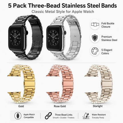 5 Pack xDfind Three Beads Fold Buckle Stainless Steel Watch Band, For Apple Watch 42 / 44 / 45 / 46 / 49mm, For Apple Watch 38 / 40 / 41 / S11 42mm - DealBuddy