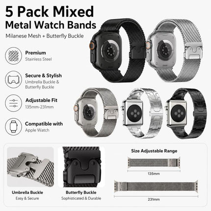 5 Pack xDfind Umbrella Buckle Milanese + Butterfly Buckle Mixed Watch Band, For Apple Watch 42 / 44 / 45 / 46 / 49mm, For Apple Watch 38 / 40 / 41 / S11 42mm - DealBuddy