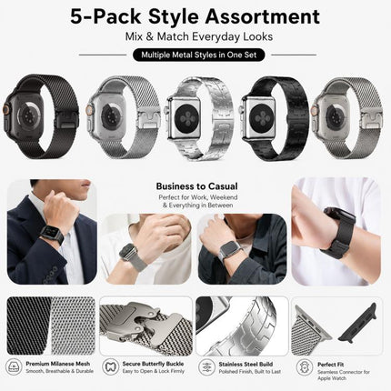 5 Pack xDfind Umbrella Buckle Milanese + Butterfly Buckle Mixed Watch Band, For Apple Watch 42 / 44 / 45 / 46 / 49mm, For Apple Watch 38 / 40 / 41 / S11 42mm - DealBuddy
