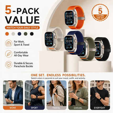 5 Pack xDfind Parachute Buckle Stretch Nylon Watch Band, For Apple Watch 42 / 44 / 45 / 46 / 49mm, For Apple Watch 38 / 40 / 41 / S11 42mm - DealBuddy