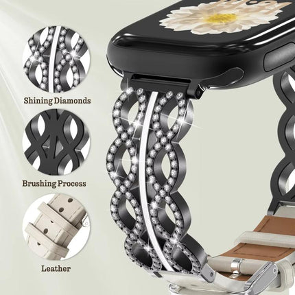 xDfind Diamond Stainless Steel Hybrid Genuine Leather Watch Band, For Apple Watch 42 / 44 / 45 / 46 / 49mm, For Apple Watch 38 / 40 / 41 / S11 42mm - DealBuddy